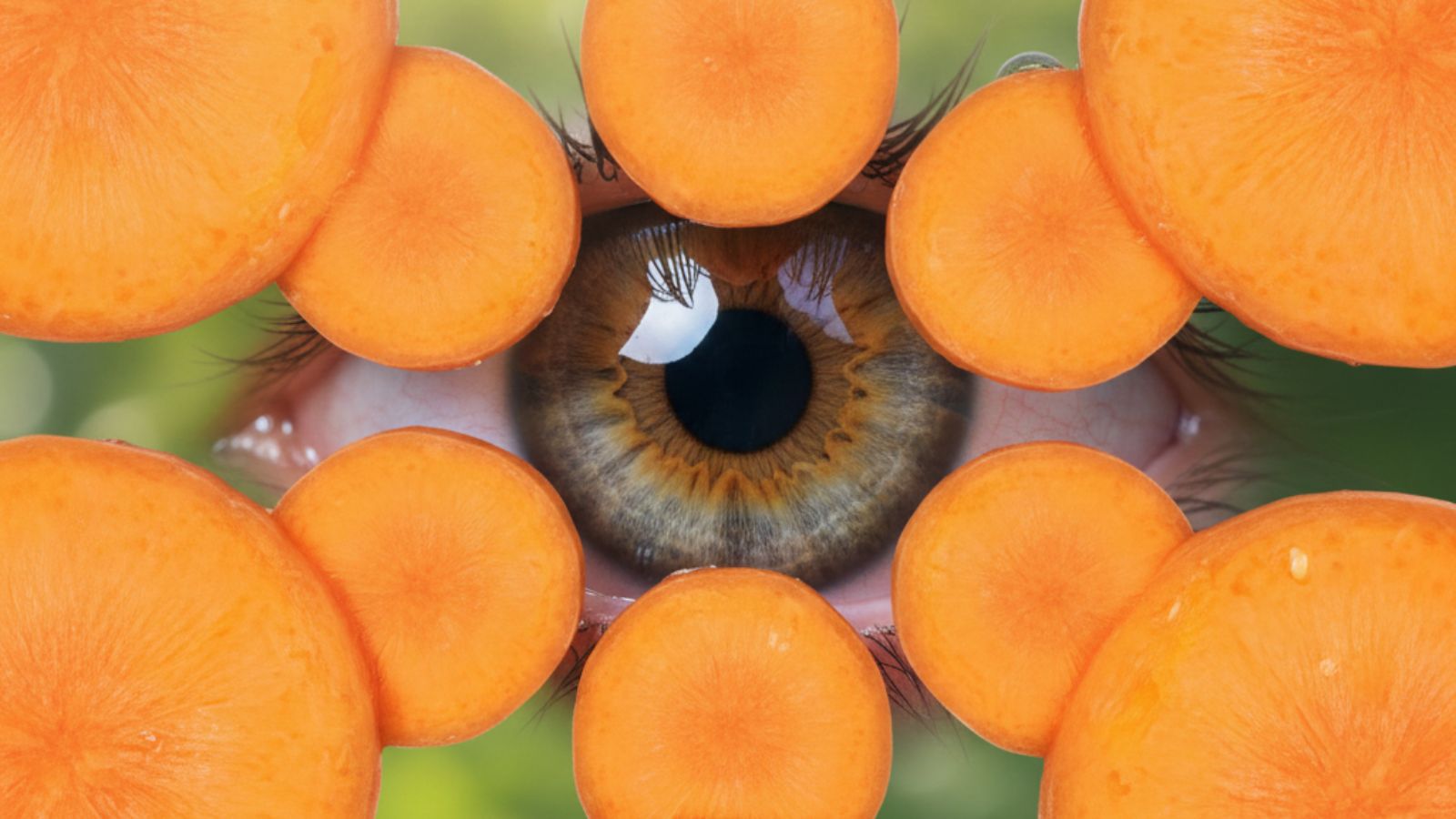 Close-up of human eye framed by overlapping carrot slices