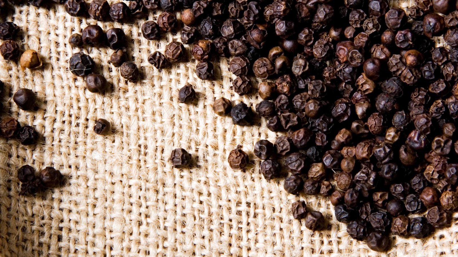 Black peppercorns scattered on burlap fabric texture