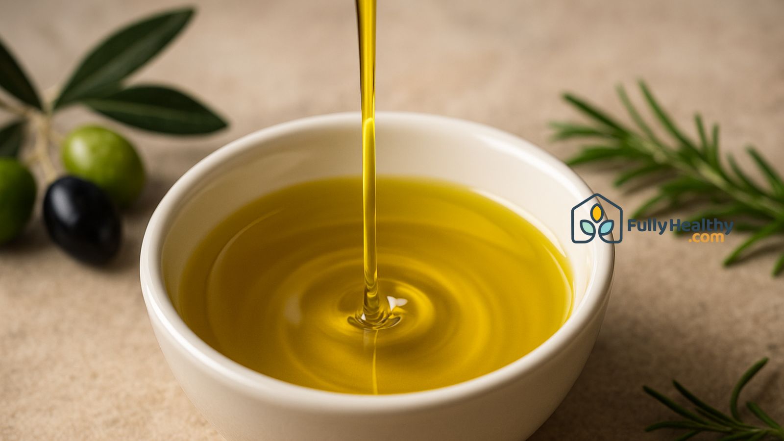 Stream of olive oil pouring into white bowl with rosemary and olives.