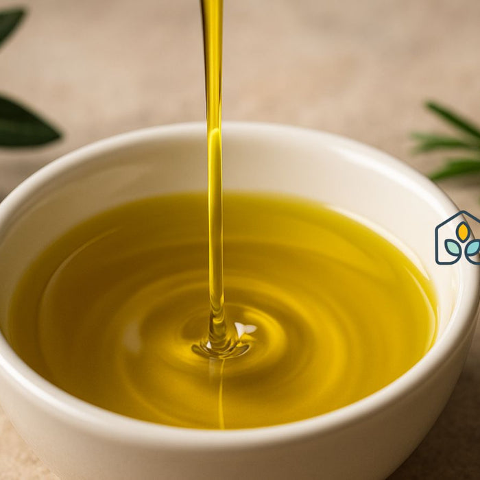 Stream of olive oil pouring into white bowl with rosemary and olives.