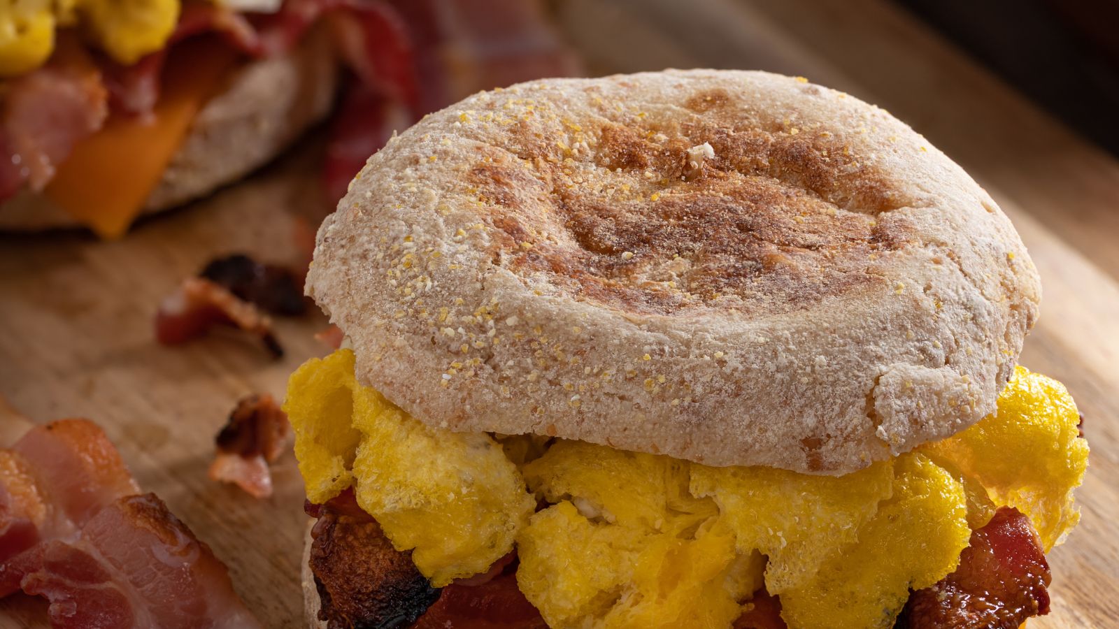 Bacon and scrambled egg breakfast sandwich on English muffin.
