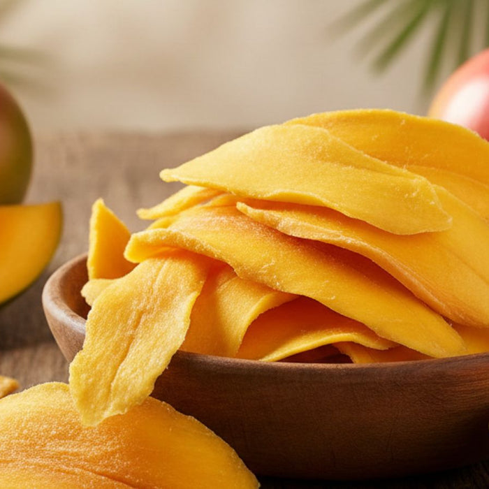 Bowl of dried mango slices with fresh whole mangoes in background
