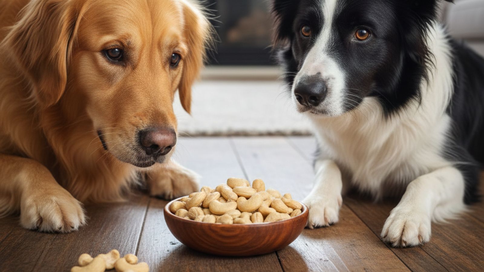 Golden retriever and border collie staring at cashews in wooden bowl