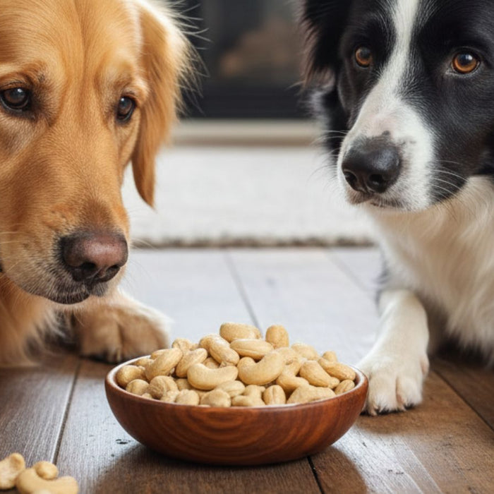 Golden retriever and border collie staring at cashews in wooden bowl