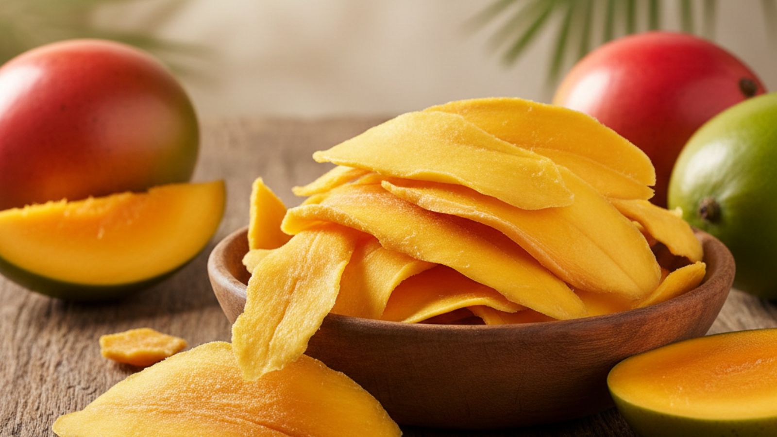 Bowl of dried mango slices with fresh whole mangoes in background
