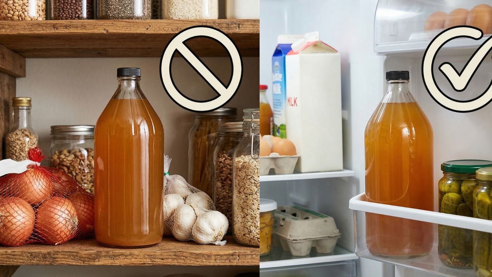 Apple cider vinegar stored in fridge, not pantry, beside milk and eggs