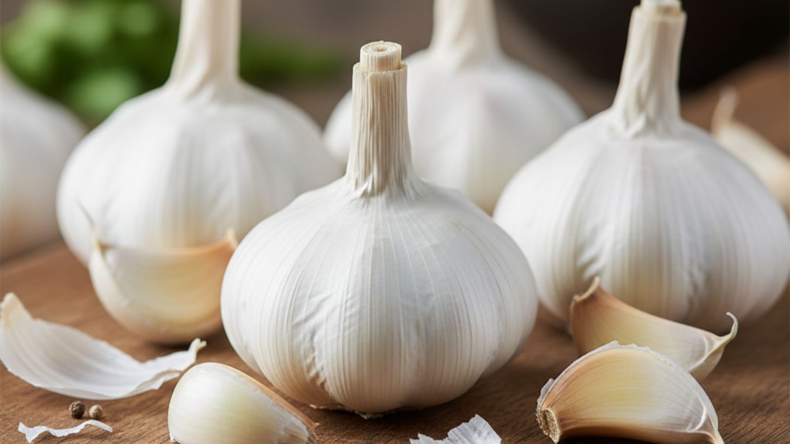 Fresh garlic bulbs and cloves resting on wooden cutting board surface