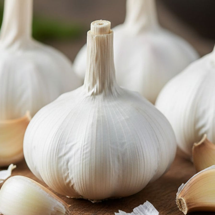 Fresh garlic bulbs and cloves resting on wooden cutting board surface