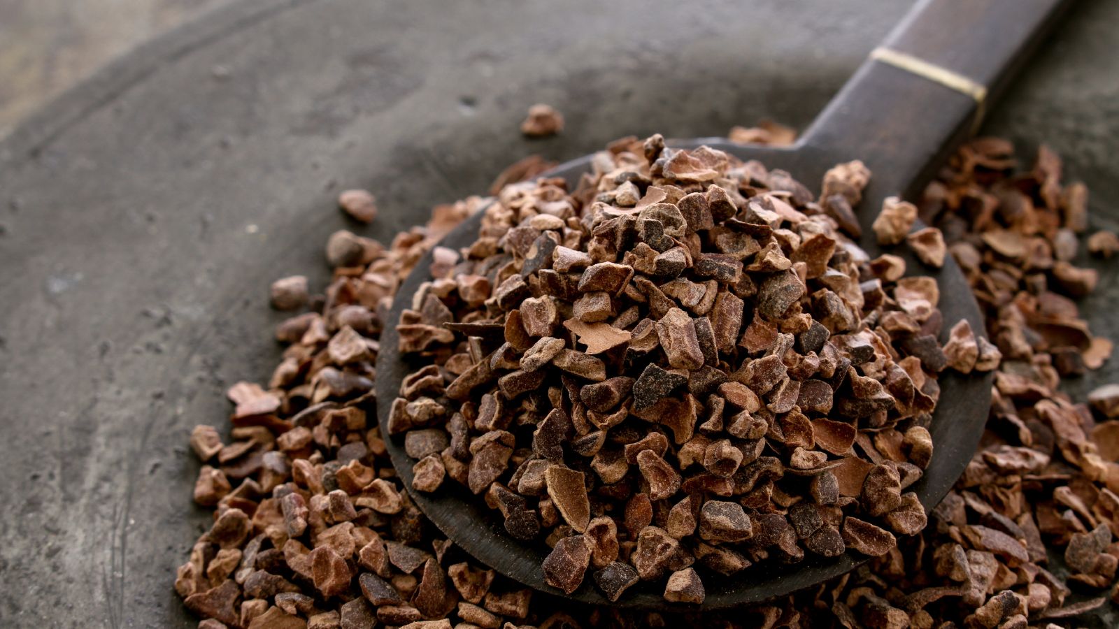  Heap of raw cacao nibs on dark spoon and surface.