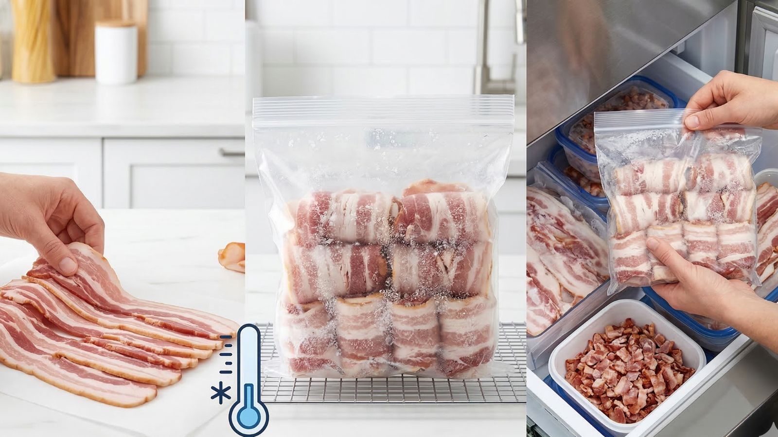 Frozen bacon slices sealed in freezer storage bag