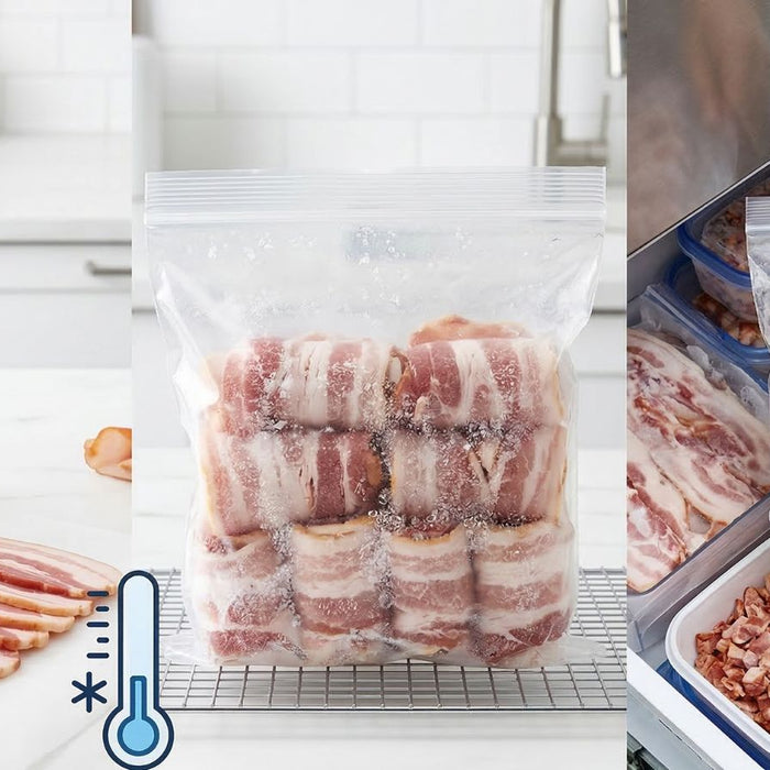 Frozen bacon slices sealed in freezer storage bag