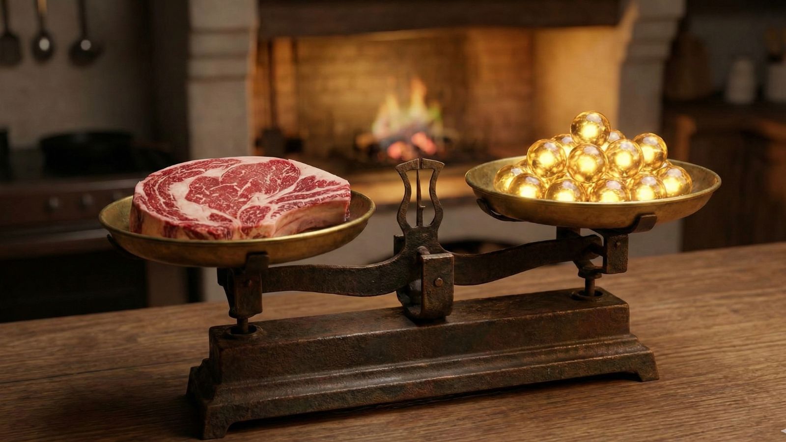 Raw ribeye steak balanced against calories on antique scale