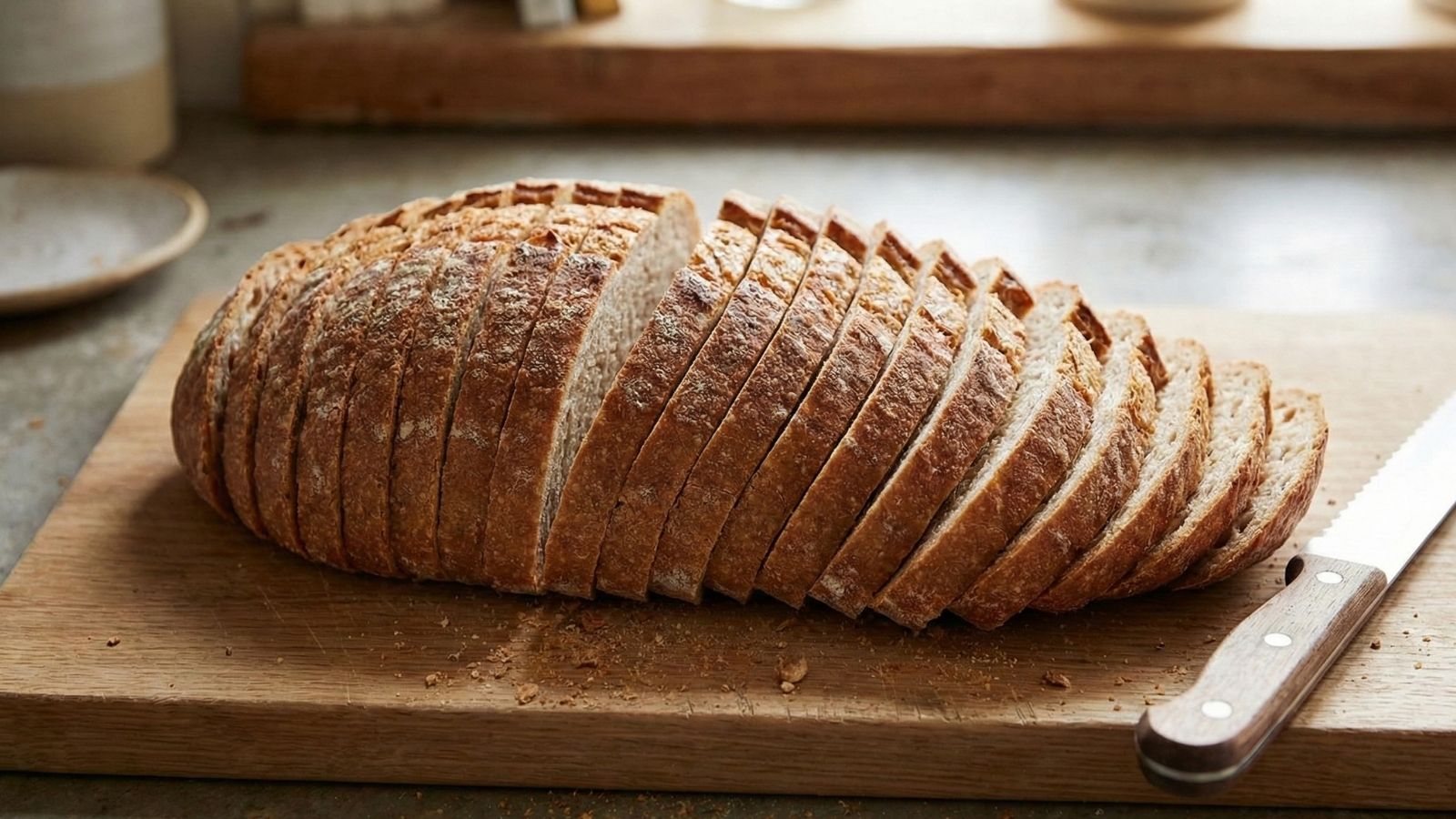 Sliced whole wheat loaf arranged on cutting board with bread knife