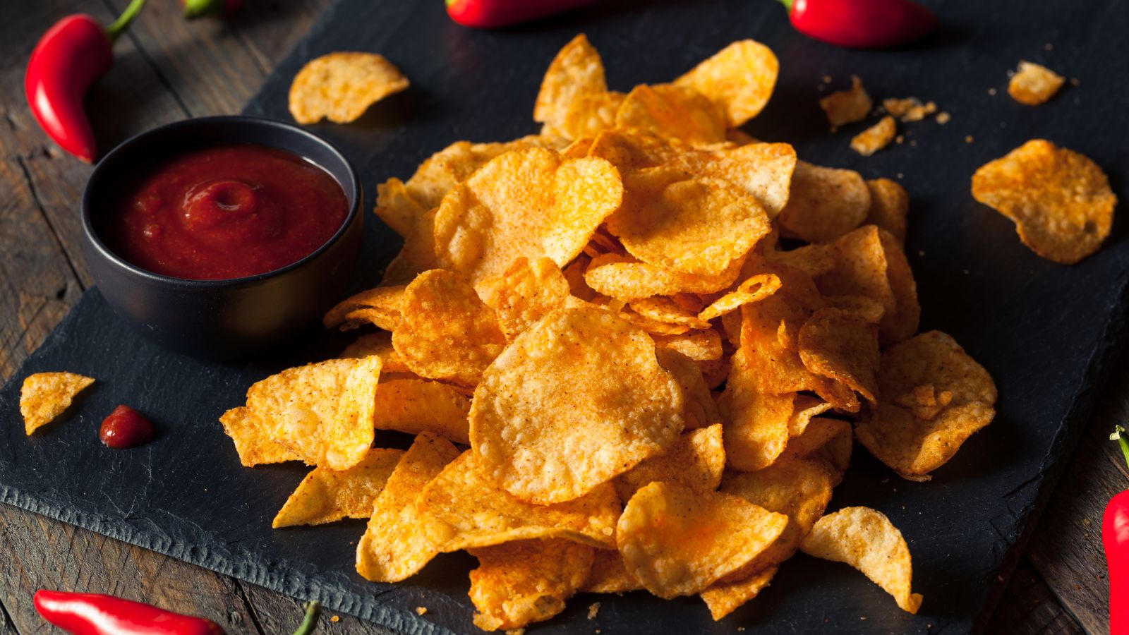 Spicy potato chips served with a side of red dipping sauce and chilies