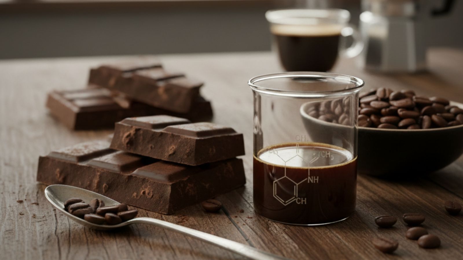 Dark chocolate bars with coffee beans and espresso on wooden table