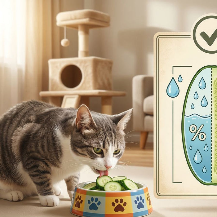 Cat eating cucumber slices beside chart about hydration and vitamins
