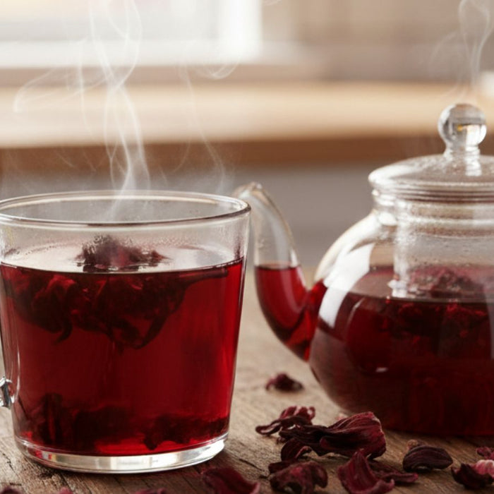 Steaming cup of hibiscus tea with glass teapot on table