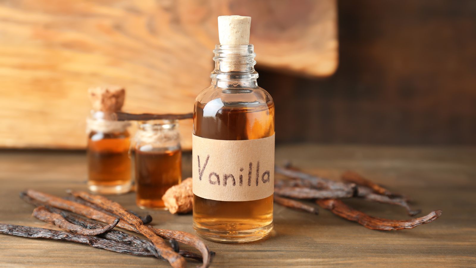 Vanilla extract bottle with vanilla beans on wooden background.