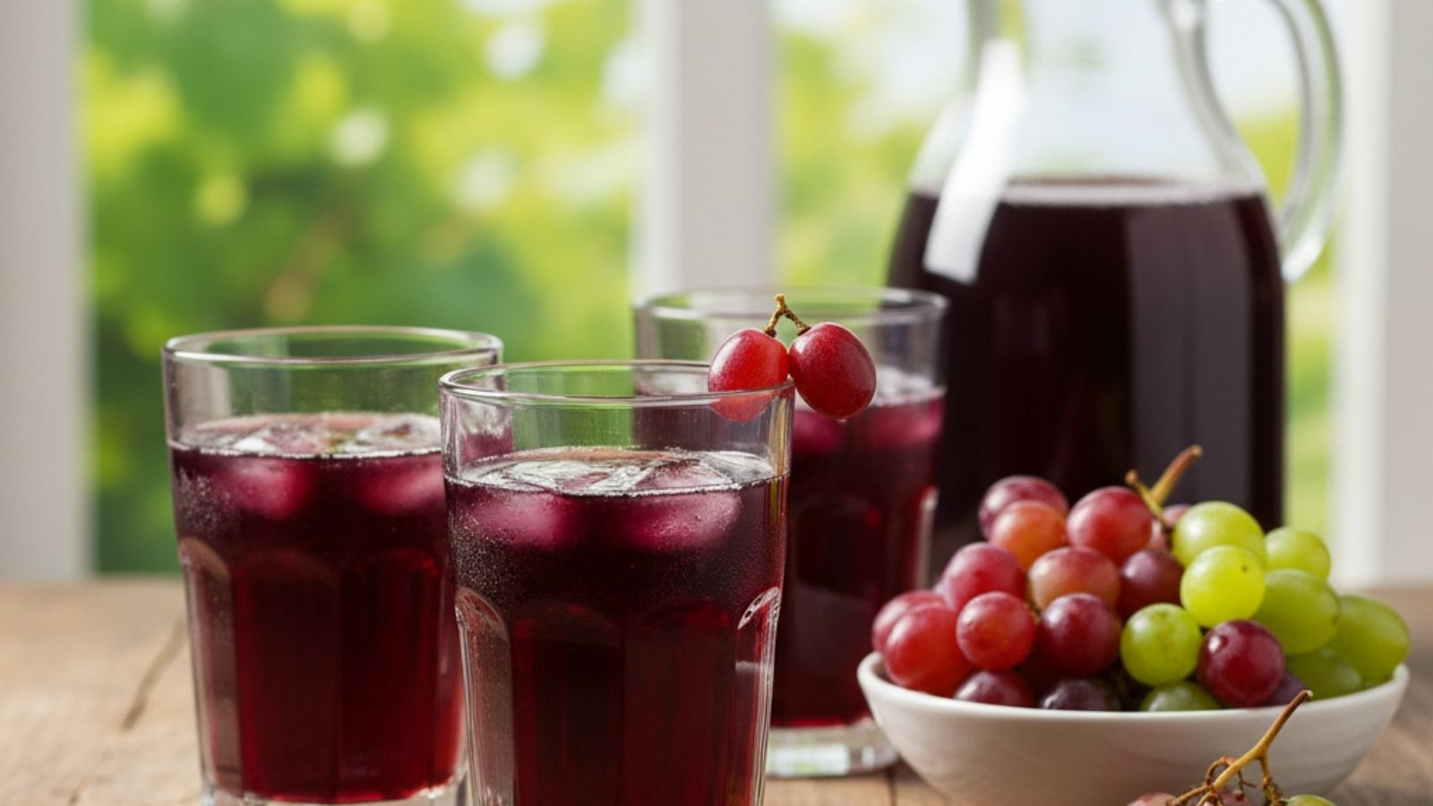 Glasses of grape juice with fresh grapes and pitcher on table