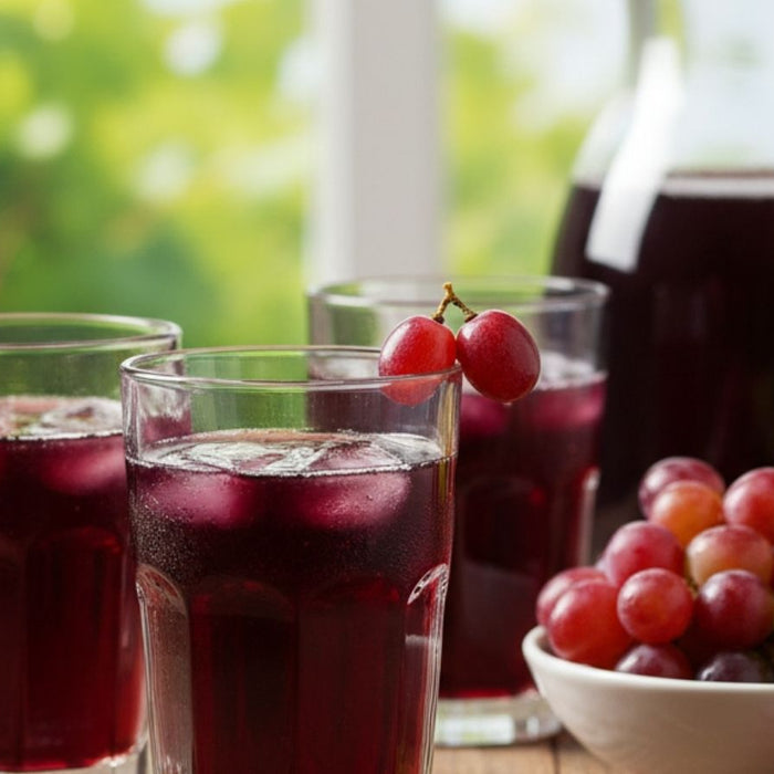 Glasses of grape juice with fresh grapes and pitcher on table