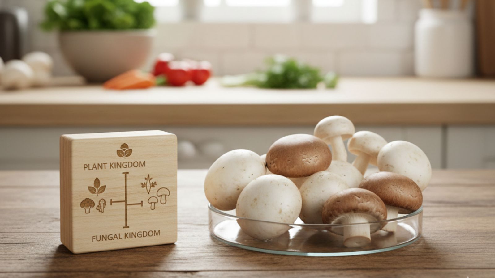 Wood block compares plant and fungal kingdoms beside mushrooms