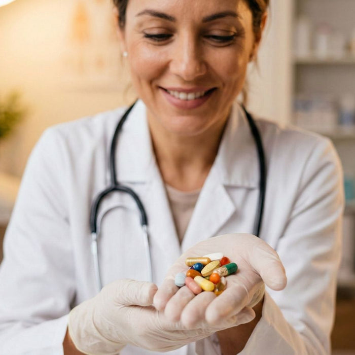Doctor holding multivitamins capsules