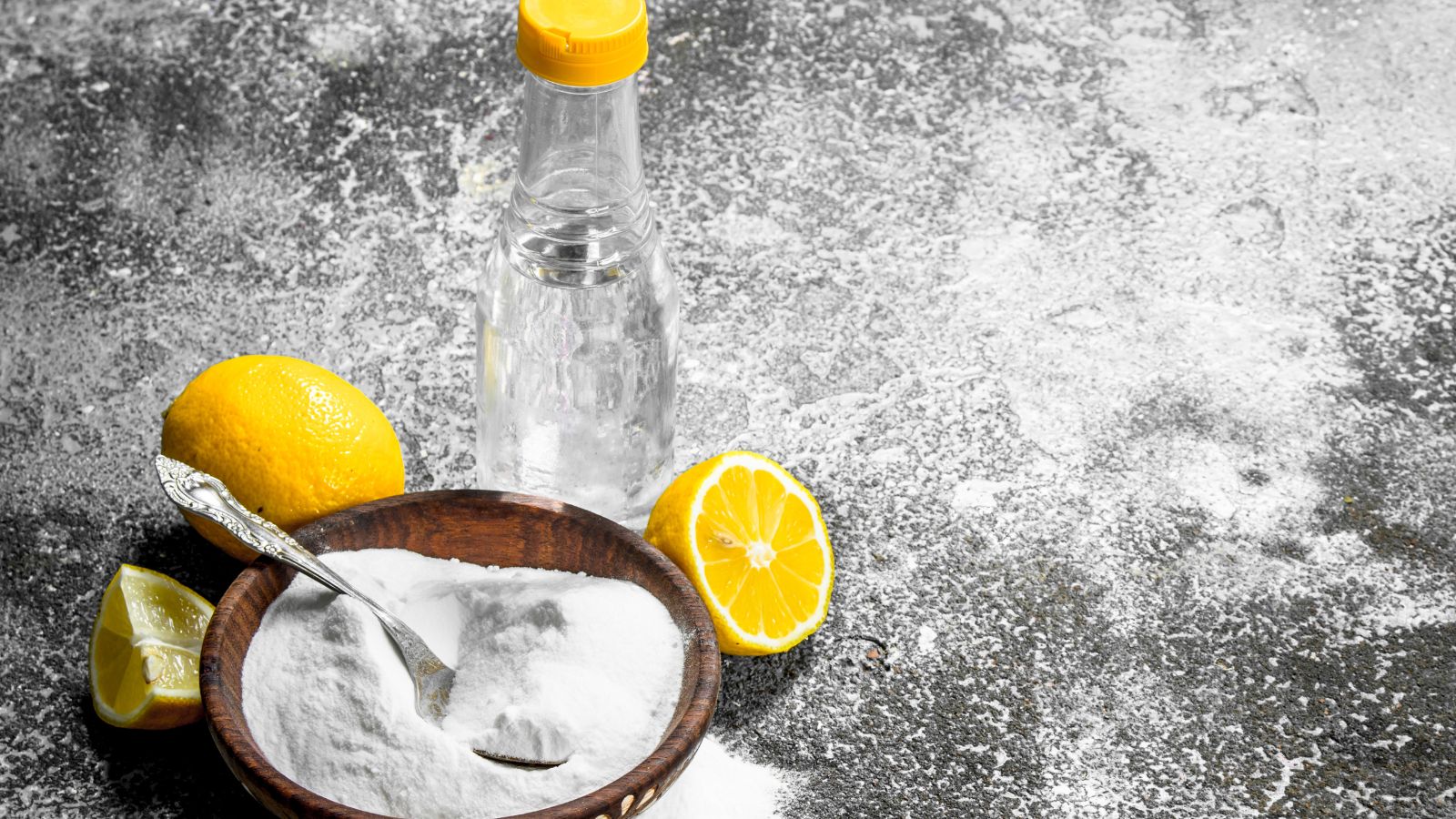 Baking soda with lemon and vinegar on a textured countertop.