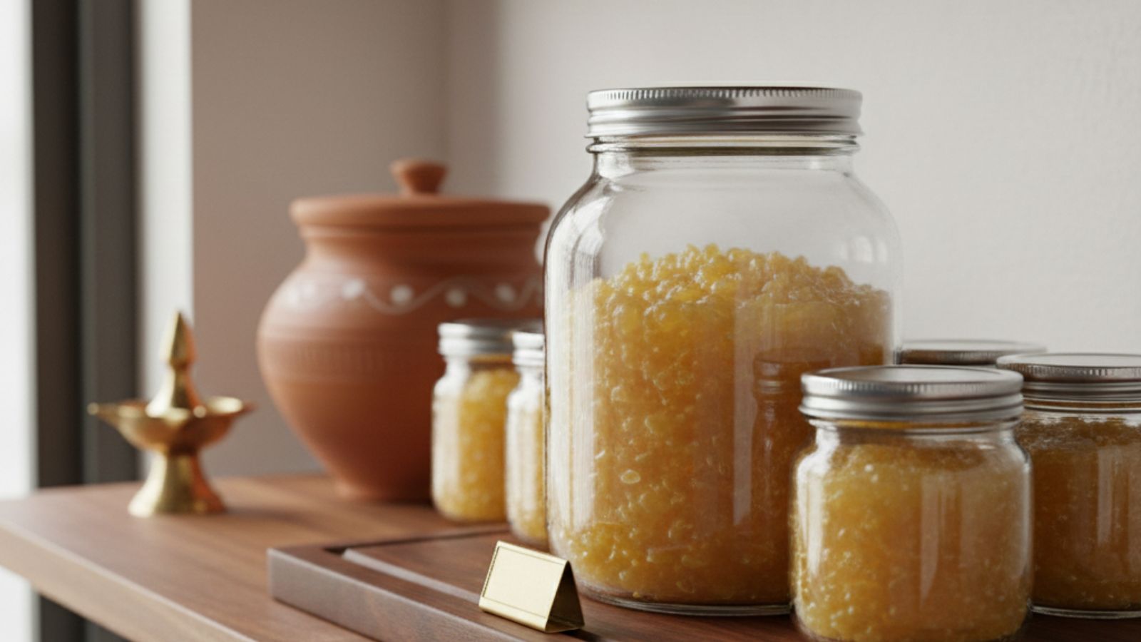 Glass jars filled with homemade golden ghee on shelf