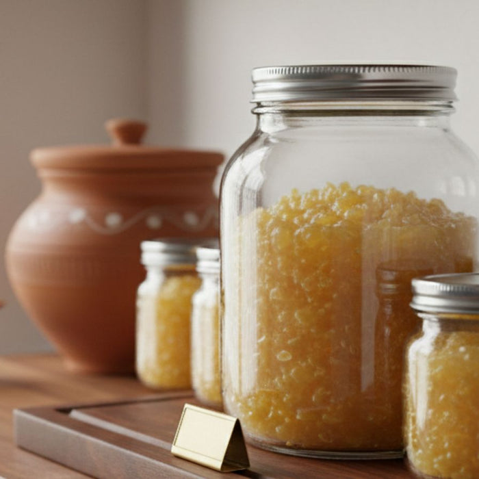 Glass jars filled with homemade golden ghee on shelf