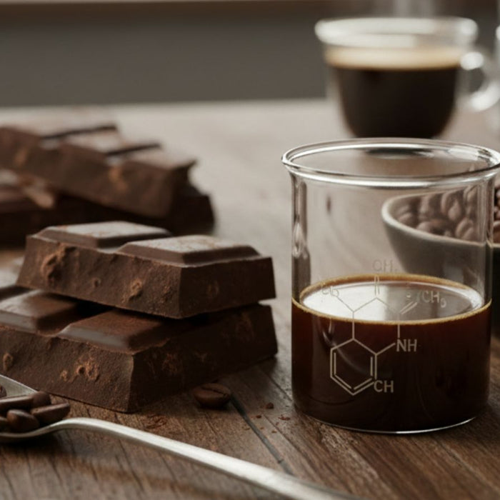 Dark chocolate bars with coffee beans and espresso on wooden table