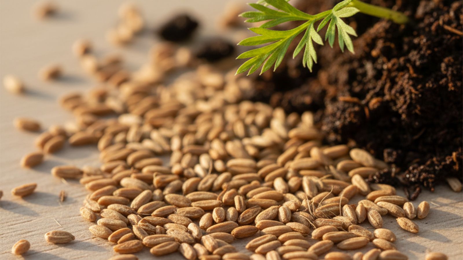 Carrot seeds scattered beside soil and sprouting carrot greens