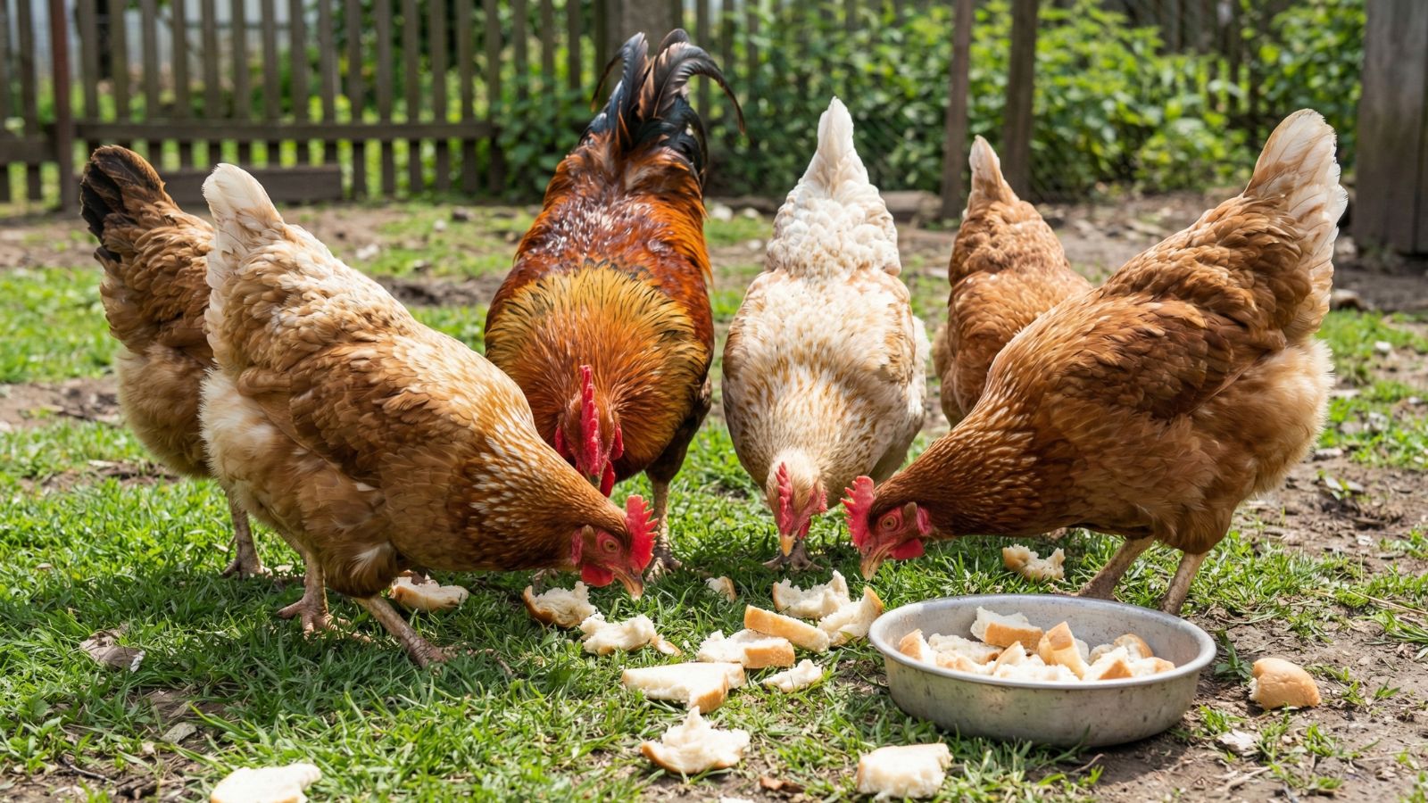 Chickens pecking bread scraps from grass in backyard coop