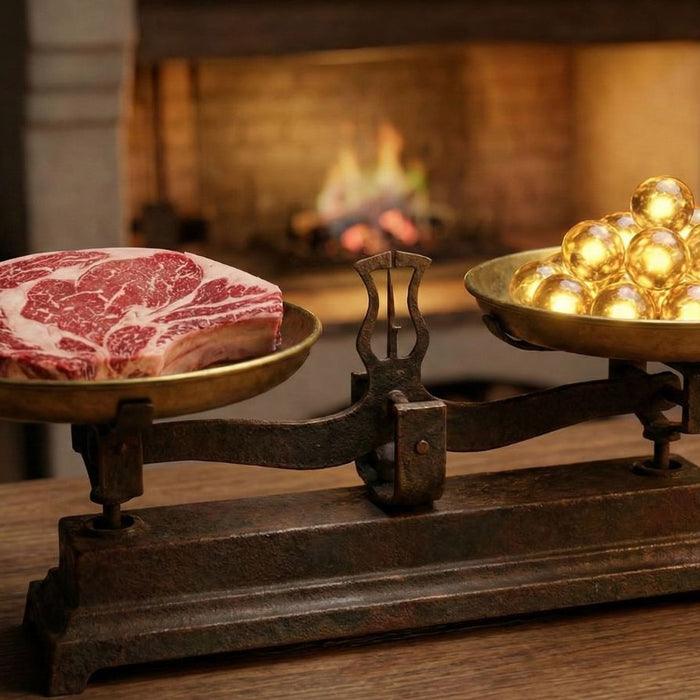 Raw ribeye steak balanced against calories on antique scale