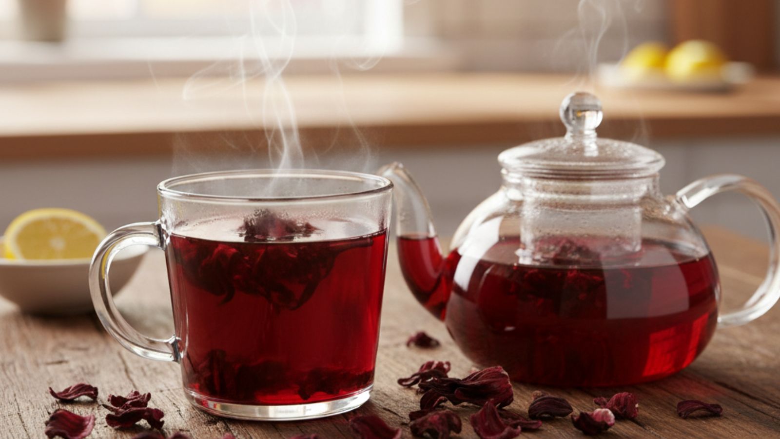 Steaming cup of hibiscus tea with glass teapot on table