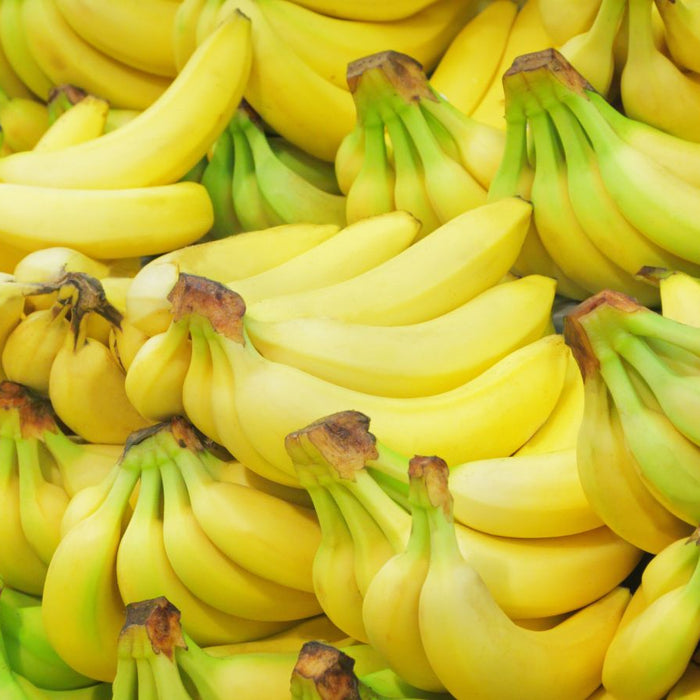 Rows of ripe yellow bananas stacked at market stall.