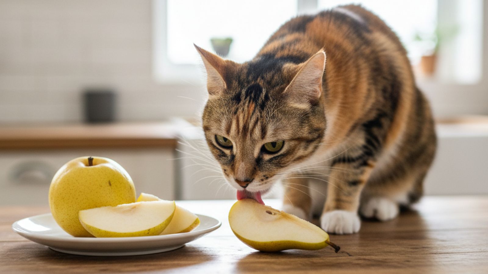 Cat licking sliced pear on plate on kitchen table