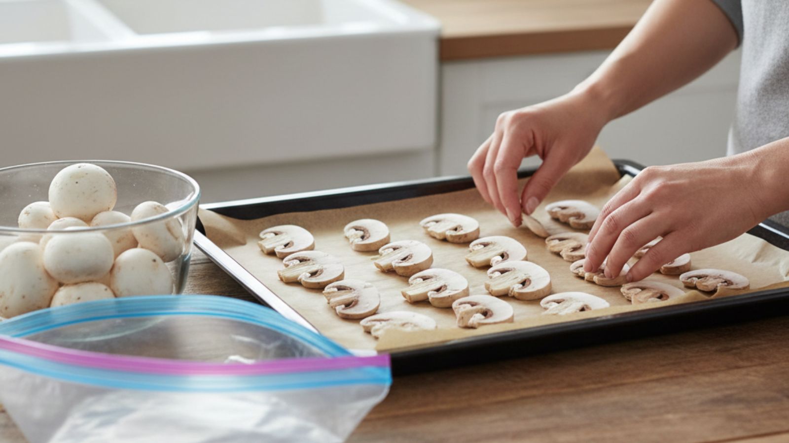 Hands arrange sliced mushrooms on lined tray for freezing prep at home