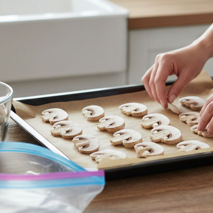 Hands arrange sliced mushrooms on lined tray for freezing prep at home