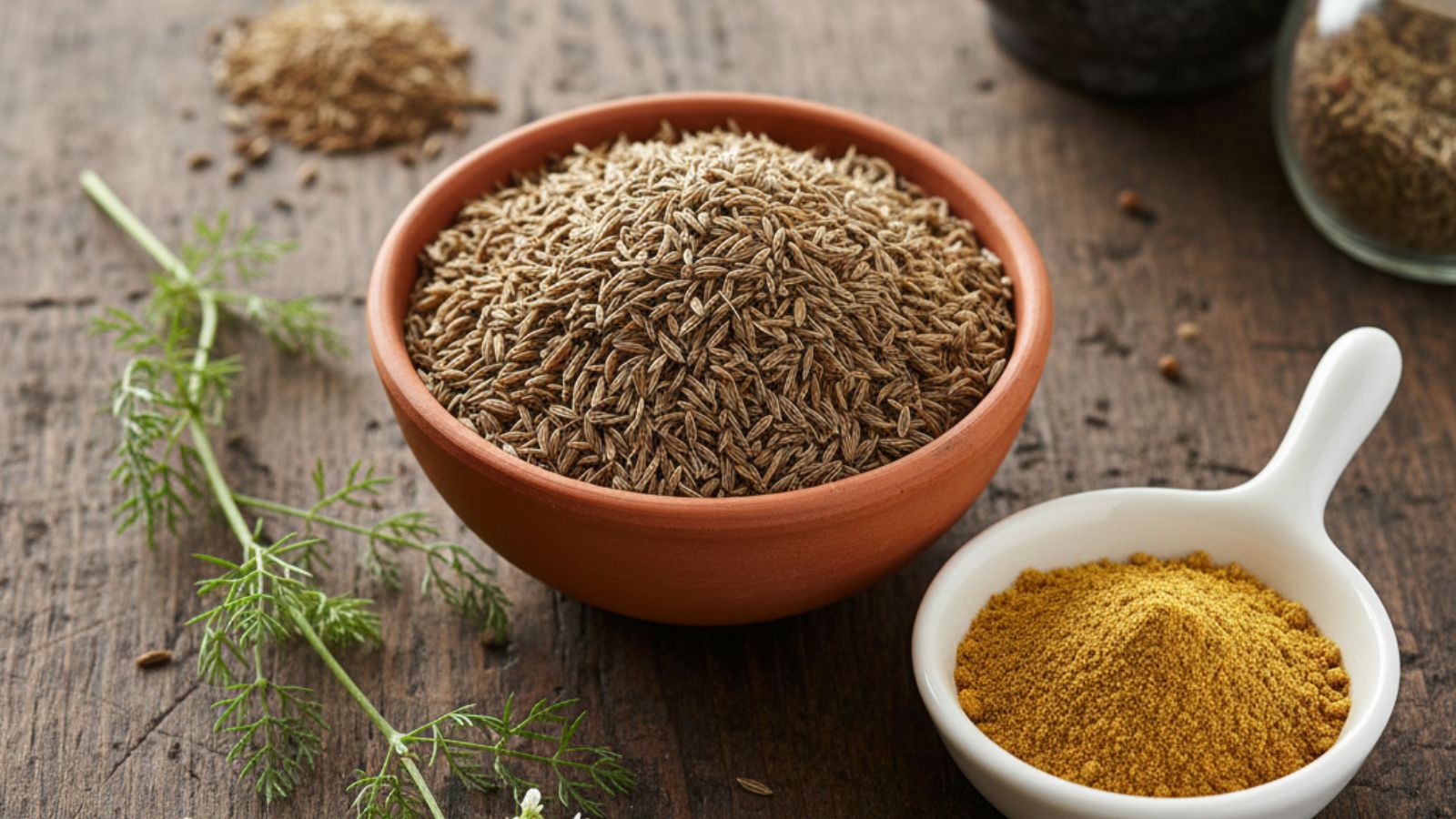Bowl of cumin seeds with ground spice and fresh herbs