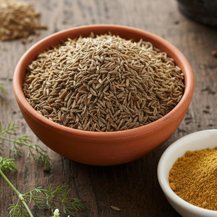 Bowl of cumin seeds with ground spice and fresh herbs