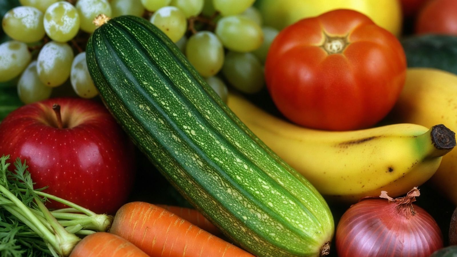 Striped cucumber surrounded by apples, grapes, bananas, and tomato