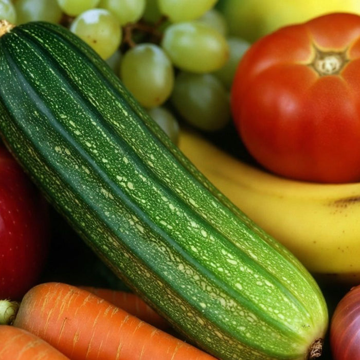 Striped cucumber surrounded by apples, grapes, bananas, and tomato