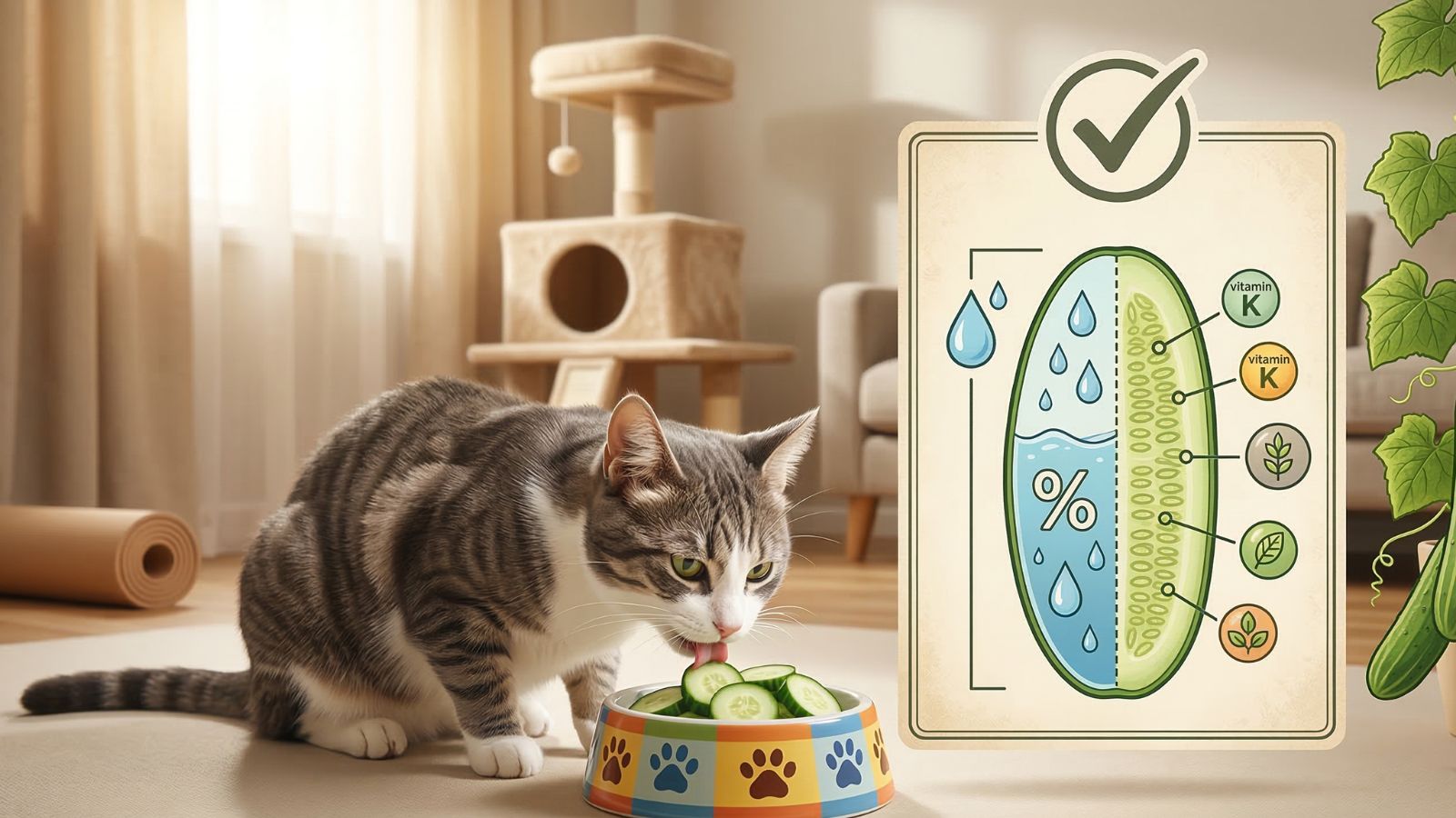 Cat eating cucumber slices beside chart about hydration and vitamins