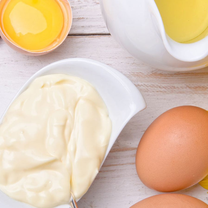 Fresh mayo with eggs, mustard seeds, oil, and sunflower.