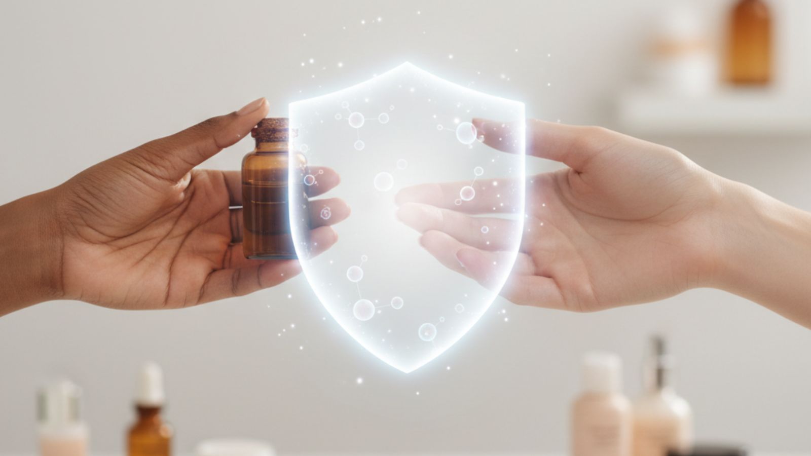 Hands exchanging glutathione bottle with immune shield