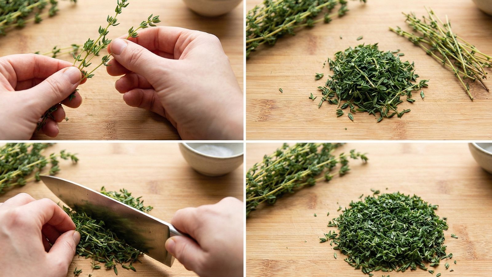 Hands stripping fresh thyme leaves from stems on wooden board