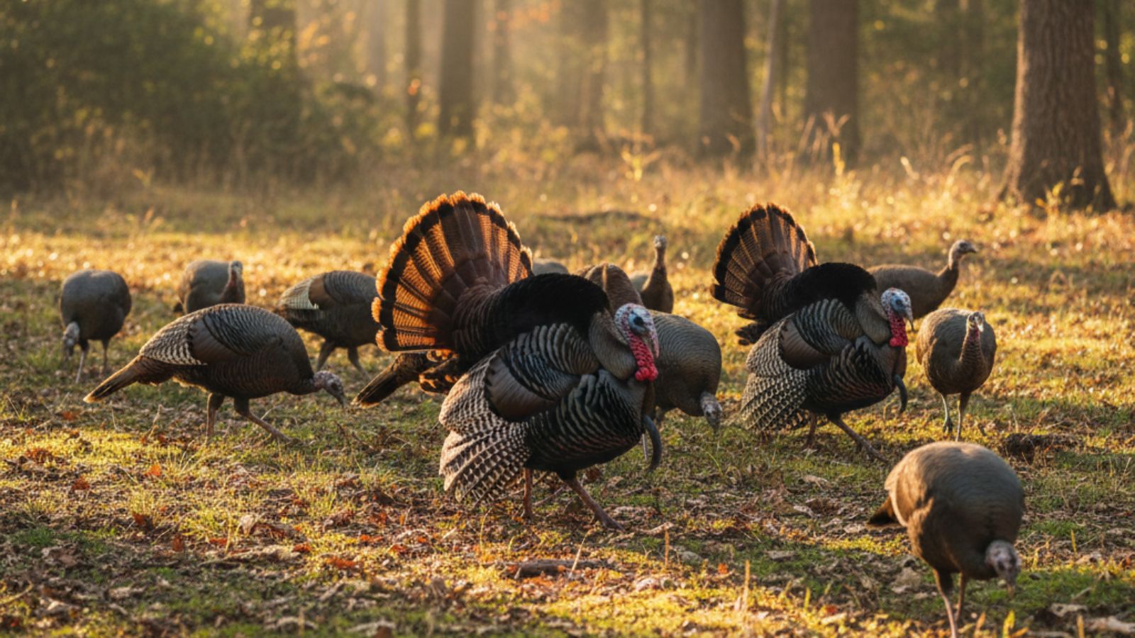 Flock of wild turkeys walking through sunlit forest clearing