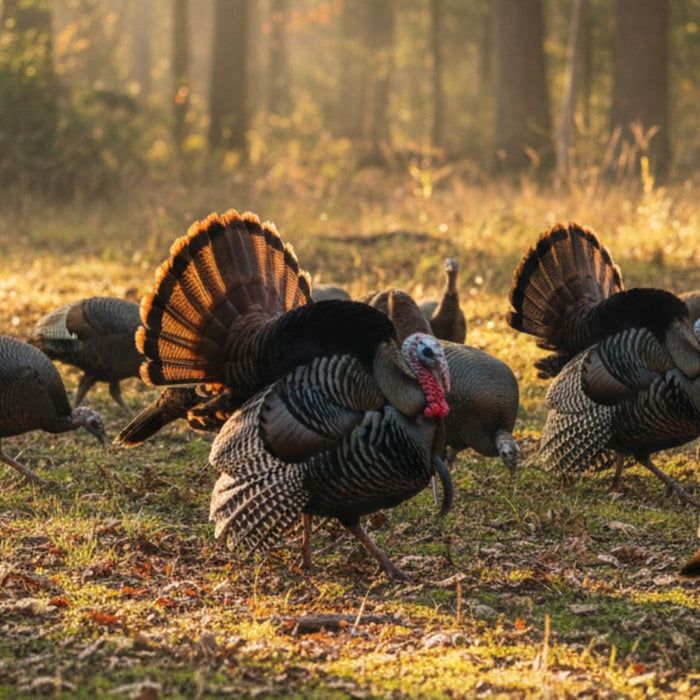 Flock of wild turkeys walking through sunlit forest clearing