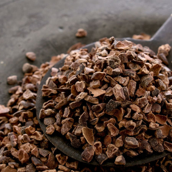  Heap of raw cacao nibs on dark spoon and surface.