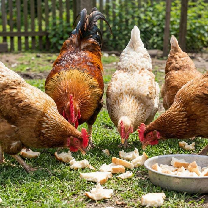 Chickens pecking bread scraps from grass in backyard coop